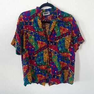 Vintage Abstract Sequin Shimmer Retro Button Down Geo Hipster Boho Blouse Top